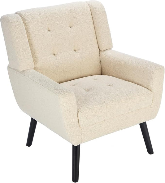 Dolonm Midcentury Modern Teddy Accent Chair with Arms, Upholstered Reading Side Chair Tufted Back Decorative Wingback Chair for Living Room Bedroom (White)