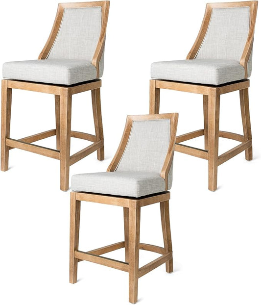 Maven Lane Vienna Counter Stools 26 Inches – Set of 3 – Swivel Stools with Footrests – Brown Solid Wood and Natural Fabric Upholstery – Ideal for Kitchen Islands and Counters