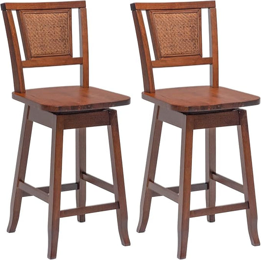 COSTWAY Bar Stools Set of 2, 24.5 Inch Counter Height Bar Stool with Rattan Back, 360°Swivel Seat, Comfortable Footrests, Rubber Wood Bar Stools for Kitchen Island, Dining Room, Cafe, Pub (2)