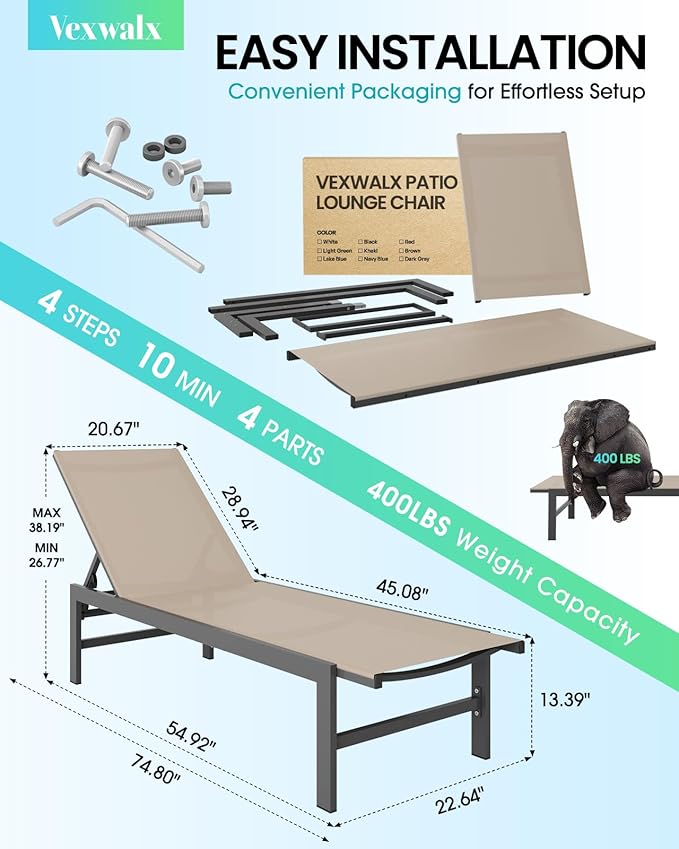 Outdoor Lounge Chairs Set of 2 for Pool, Aluminum Chaise Lounge Chairs with 5-Position Recliner, Patio Lounge Chair for Backyard, Poolside, Deck, Lawn, Khaki