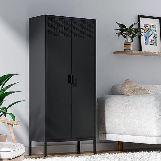 Metal Storage Cabinets with Adjustable Shelves，Pantry Kitchen Storage Cabinets，Floor Storage Cabinet for Kitchen, Laundry Room, Home Office, Kids Room (Black, 61''H)