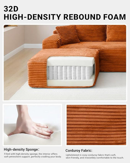 108" Cloud Sectional Couch,Modern Modular Sectional Sofa with Deep Seat,Corduroy Boneless Couches with L-Shape Chaise for Living Room,No Assembly Required (Orange, Left Facing Chaise + Ottoman)