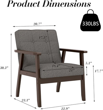 KCC Mid-Century Modern Linen Fabric Accent Chair Set of 2, Upholstered Tufted Leisure Chair Comfy Reading Side Chairs with Armrest and Solid Wood Frame for Living Room Bedroom Balcony(Gray)