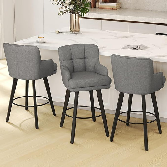 360°Swivel Counter Height Bar Stools with Back, 30 inch Solid Wood Legs, Bar Stool Modern Kitchen Island Chairs, Fabric (Mid-Grey- Fabric, 30" H- Set of 3)
