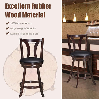 COSTWAY Bar Stools Set of 2, 360-Degree Swivel Stools with Leather Padded Seat, Single Slat Back & Solid Rubber Wood Legs, Counter Height Stools for Pub, Restaurant, Kitchen, Brown (4)