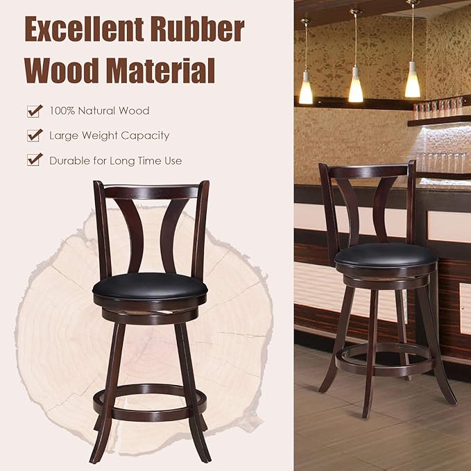 COSTWAY Bar Stools Set of 4, 360-Degree Swivel Stools with Leather Padded Seat, Single Slat Back & Solid Rubber Wood Legs, Counter Height Stools for Pub, Restaurant, Kitchen, Brown (4)