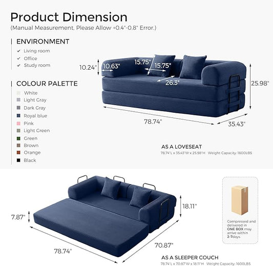 79" Convertible Sofa Bed with Fixed-Shape Frame & Removable Armrests, Modular Corduroy Sleeper Sofa, Folding Mattress Couch for Small Spaces - No Assembly Needed in Navy Blue (Includes 2 Pillows)