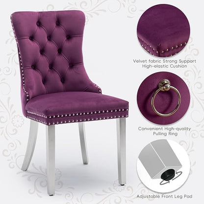 Velvet Upholstered Dining Chairs Set of 4, Modern Kitchen Side Chairs with Nailhead Trim and Silver Plated Leg, Metal Pulling Ring for Dining Room Living Room(Purple-Silver Plated Leg)