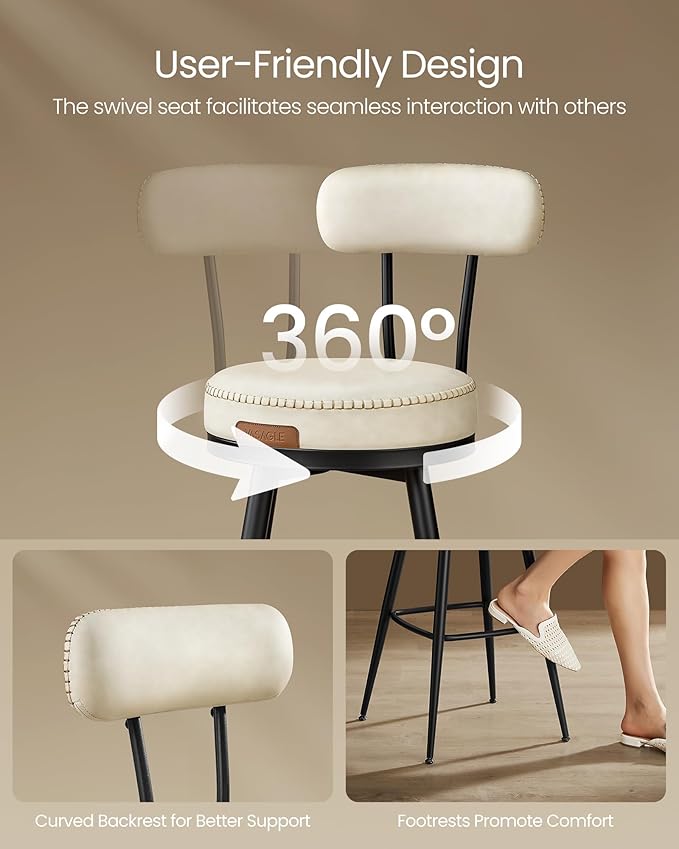 VASAGLE EKHO Collection - Bar Stools Set of 2, Swivel Bar Height Bar Stools with Back, Synthetic Leather with Stitching, Mid-Century Modern, 30-Inch Tall Barstools for Kitchen Home Bar, Cream White
