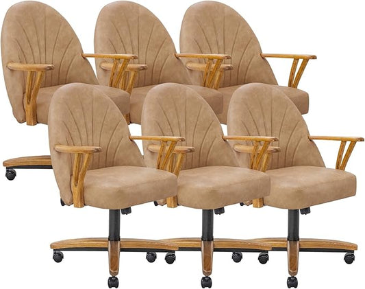 Chromcraft Set of 6 Caster Swivel Tilt Dining Chairs, PU Leather Chairs with Soft Wheels, Ultra Comfy Sturdy Kitchen Room Chairs, Rolling Chair on Wheels for Home (Ivanhoe NPL Nude)