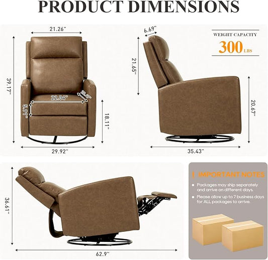 COLAMY Swivel Rocking Recliner,Wide PU Leather Glider Sofa Chair with Ergonomic High Backrest for Living Room,Bedroom（ Brown）