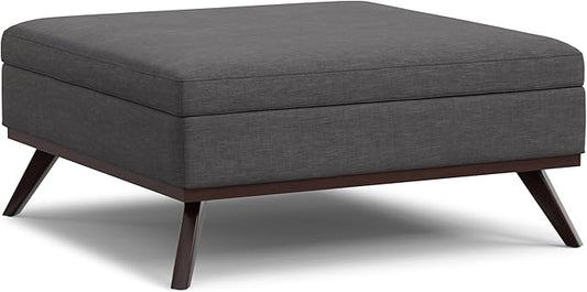 SIMPLIHOME Owen 40 inch Wide Mid Century Modern Square XL Coffee Table Storage Ottoman in Slate Grey Polyester Fabric, Assembled, for The Living Room, Entryway and Family Room