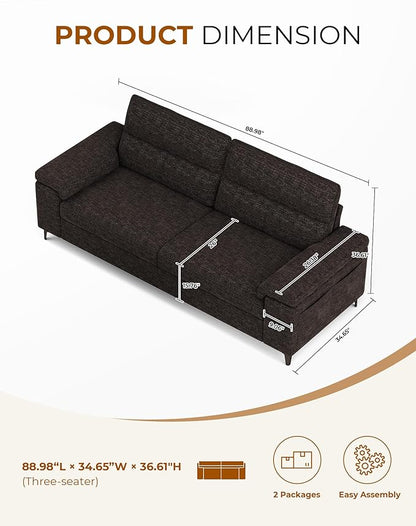 88.97" Modern Sofa Couch for Living Room, Deep Seat Sofa with 8”Cushion, Comfy 2-Seater Chenille Loveseat Sofa with Convertible Armrest, Removable Sofa Cover, High Leg (Dark Gray)