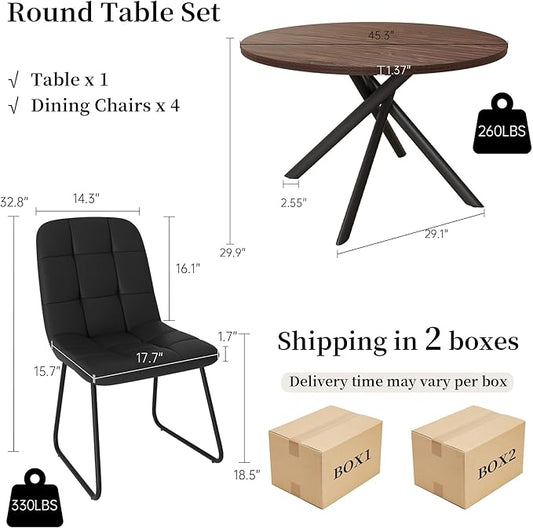 45.3 Inch Round Dining Table Set for 4, Mid Century Modern MDF Coffee Set for Dining Room Kitchen Apartment (Dark Walnut Table + 4 U-Shaped Black Chairs)