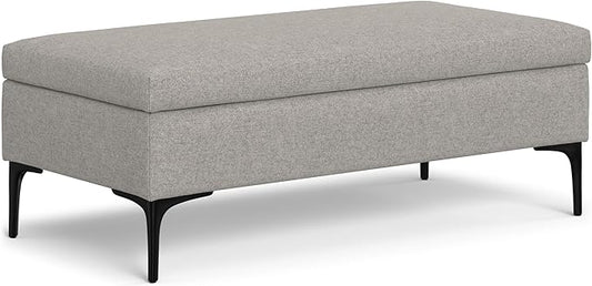SIMPLIHOME Rebecca 48 inch Wide Mid Century Modern Rectangle Large Coffee Table Storage Ottoman with Lift up Lid in Cloud Grey Polyester , Assembled, For the Living Room, Entryway and Family Room