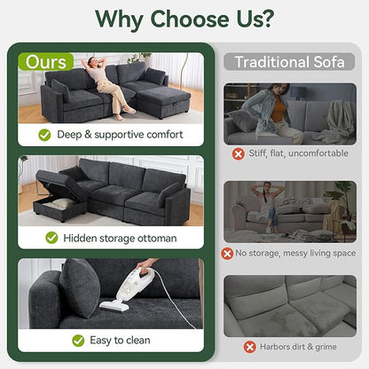 109'' Modular Sectional Sofa, L Shaped Couch with Storage Ottoman, Comfy Cloud Sofa with Deep Seat, 4 Seat Convertible Sectional Couches for Living Room (Gray, Low Legs 1.97")