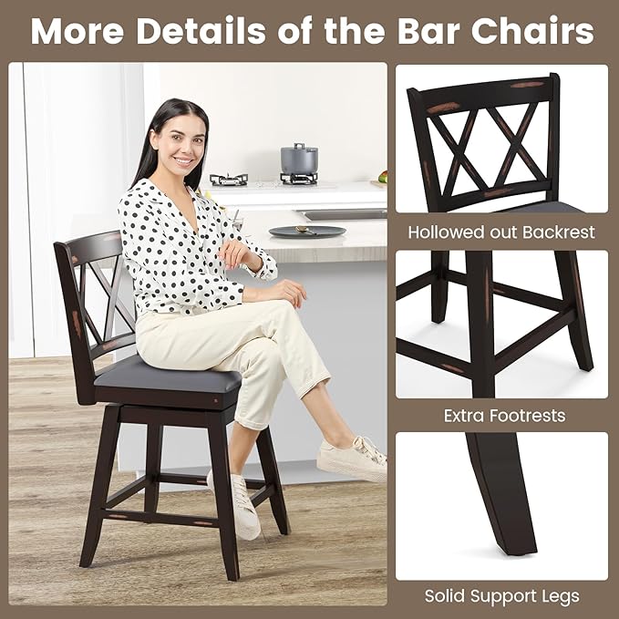 COSTWAY Bar Stool Set of 4 for Kitchen Island, 25" Counter Height Chair with Ergonomic Backrest, Foot Rest, Waterproof PVC Surface & Solid Wood Structure, 360°Swivel Farmhouse Barstool with Back