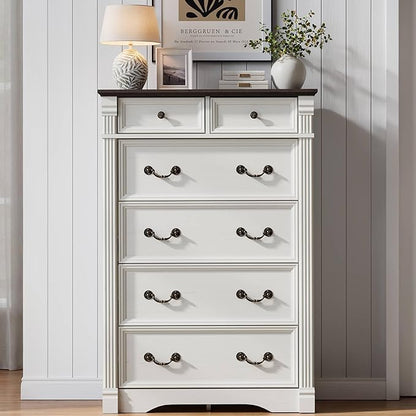 Yaamizz Farmhouse Dresser for Bedroom, 47" Tall 6 Drawer Dresser Storage with Wood Pilasters and Metal Handles, Vintage Design, Drawer Organizer for Bedroom, Hallway, White