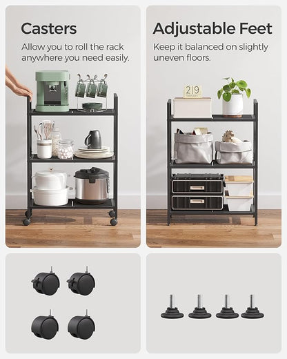 SONGMICS 3-Tier Metal Storage Rack with Wheels, Mesh Shelving Unit with X Side Frames, 23.6-Inch Width, for Entryway, Kitchen, Living Room, Bathroom, Industrial Style, Black UBSC163B01