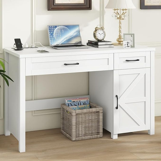 Farmhouse 47" Executive Desk, Computer Desk with Drawers and Storage Cabinet, Workstation for Home Office and Study.(Cream White)