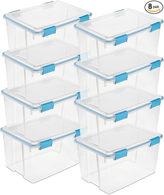 Sterilite 8-Pack Gasket Box, Weather-Resistant Storage Bins with Latching Lids, 54 Quart - Heavy-Duty Organizing Containers for Closet, Bathroom, and Office