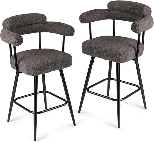 COSTWAY Counter Height Bar Stools Set of 2, 27" Swivel Modern Upholstered Counter Chairs with Boucle Fabric, Curved Backrests & Metal Legs, for Kitchen Island, Home (2, Grey + Black)