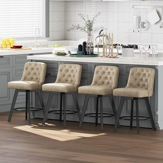 MINCETA Bar Stools Set of 4, PU Leather Barstools, 26 Inch Upholstered Counter Stools with Low Tufted Back and Footrest, Swivel Counter Height Barstools for Kitchen Island Home Bar Khaki
