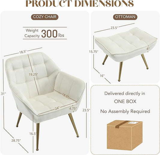 Small Accent Chair with Ottoman, Velvet Upholstered Lounge Chair with Footrest, Comfy Reading Armchair with Gold Legs for Living Room Bedroom, Beige