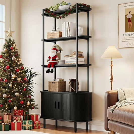 71" Tall Fluted Bookshelf with Sliding Tambour Doors, 4-Tier Mid Century Modern Metal Bookcase Cabinet w/Open Display Storage Shelf, Display Cabinet for Office, Living Room Black
