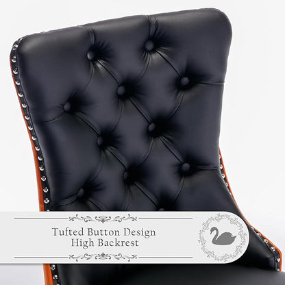 PU Upholstered Dining Chairs Set of 6, Modern Style Kitchen Side Chairs with Nailhead Trim and Wood Leg, Metal Pulling Ring for Dining Room Living Room(Black&Orange,Set of 6)