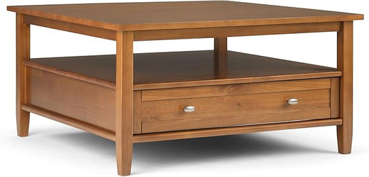 SIMPLIHOME Warm Shaker Square Coffee Table - 36 inch Wide Solid Wood Cocktail Table in Light Golden Brown, Transitional Living Room Table with Large Storage Drawer and Open Shelf for Sitting Area
