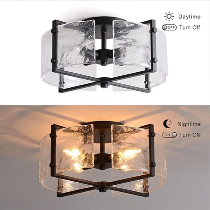 Bofea-Industrial Flush Mount Ceiling Light, Black Circular 4-Lights Farmhouse Hallway Light Fixture, Water Ripple Flush Mount Fixture Perfect for Kitchen Island,Dining Room and Hallway.