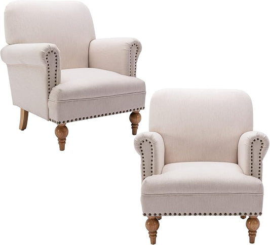 Linen Accent Chairs Set of 2 Mid-Century Modern Living Room Armchair with Nailhead Trim & Wood Legs Comfy Upholstered Single Sofa Chair for Lounge/Bedroom/Reception, Cream