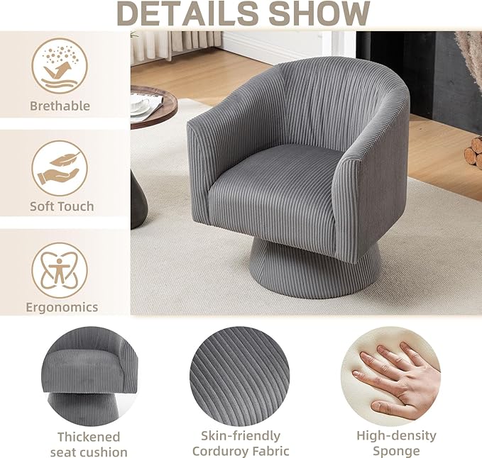 Swivel Accent Chair Set of 2, Modern 360° Swivel Barrel Chair, Corduroy Upholstered Single Sofa for Living Room, Bedroom(Gray)
