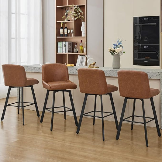 Swivel Bar Stools Set of 4, 30''H Upholstered Barstools with Backs, Modern Counter Height Bar Stool Chairs for Kitchen Island, Metal Legs, Faux Leather, Brown Counter Stools