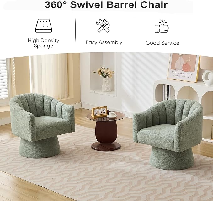 Swivel Accent Chair,Upholstered Teddy 360° Swivel Barrel Chair for Living Room Overstuffed Bouncle Reading Chair Round Armchair for Bedroom,Vanity,Office-Green