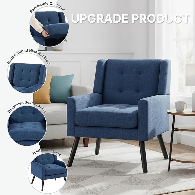 Mid-Century Modern Accent Chair, Plush Linen Fabric with Button Tufted High Back & 5" Thick Cushion, High Comfort Reading Chair for Living Room, Bedroom, Office (Blue)