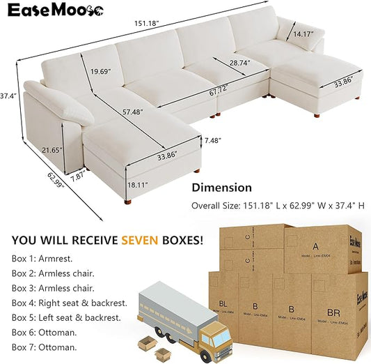 EASE MOOSE Sectional Modular Sofa, Oversized U Shape Sectional Couch Wide Deep seat Sectional Sofa,FSC Certified Comfortable Chenille White Modular Sofa
