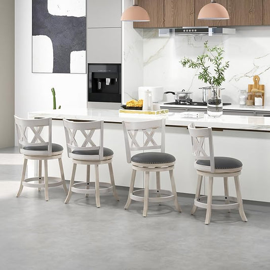 COSTWAY Bar Stool Set of 4 for Kitchen Island, 25.5” Swivel Armless Counter Height Stools with 20'' Wider Padded Seat, Ergonomic Curved Backrest, Rubber Wood Frame (4, Antique White + Gray)