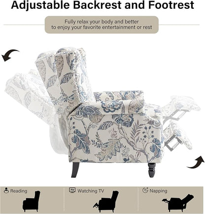 Recliner Chair, Upholstered Wingback Floral Pushback Armchair with Adjustable Backrest & Footrest, Comfy Accent Chair Reading Single Sofa for Small Spaces, Living Room, Bedroom (Plants Blue, Set of 1)
