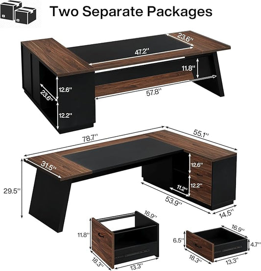 Tribesigns 78" L-Shaped Executive Desk, Large Office Desk with Drawers and Lateral File Cabinet, Business Furniture with Storage Shelves, Modern Computer Desk for Home Office, Walnut & Black
