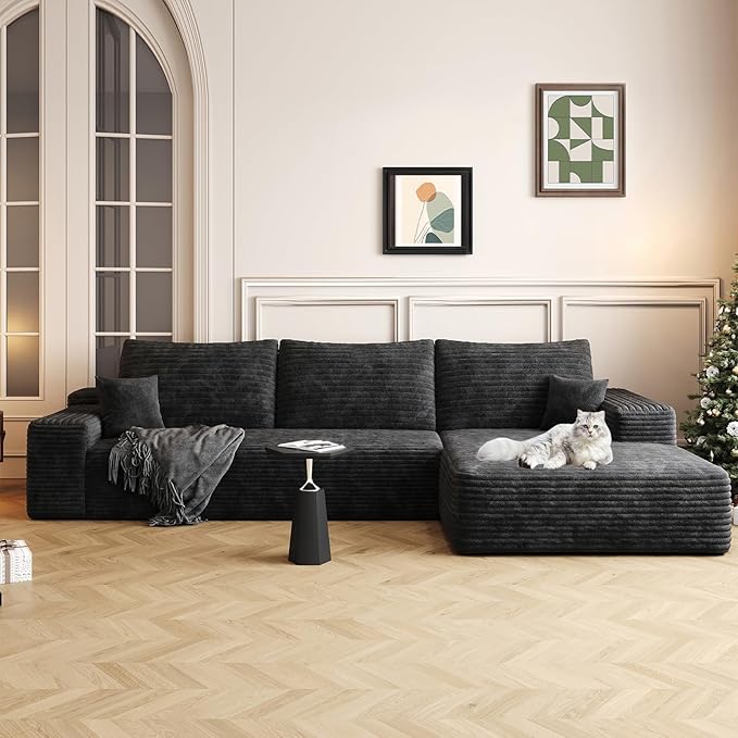 107.5" Cloud Modular Sectional Sofa with L-Shape Chaise, Modern Upholstered Couches for Living Room, Deep Seat Boneless Couch, No Assembly Required, Plush Corduroy Fabric (Black, Right Facing Chaise)