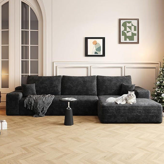 107.5" Cloud Modular Sectional Sofa with L-Shape Chaise, Modern Upholstered Couches for Living Room, Deep Seat Boneless Couch, No Assembly Required, Plush Corduroy Fabric (Black, Right Facing Chaise)