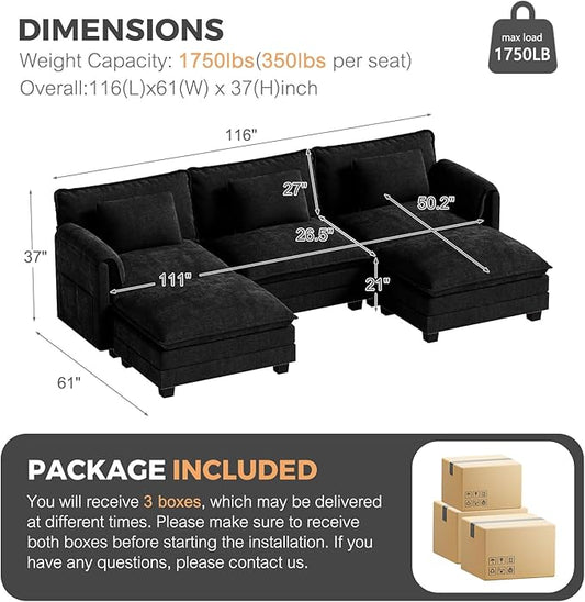 ELUCHANG Oversized 116" Modular Sectional Sofa, Comfy Cloud Couch, U Shaped Deep Seat Sofa Couches for Living Room, 5-Seater Modern Sofa with Movable Ottoman, DIY Combination - Chenille Black