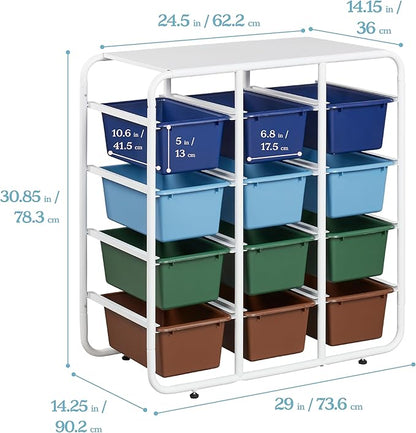 ECR4Kids 4-Tier Storage Rack with 12 Cubby Bins 4x3, Multipurpose Organization, Earthtone