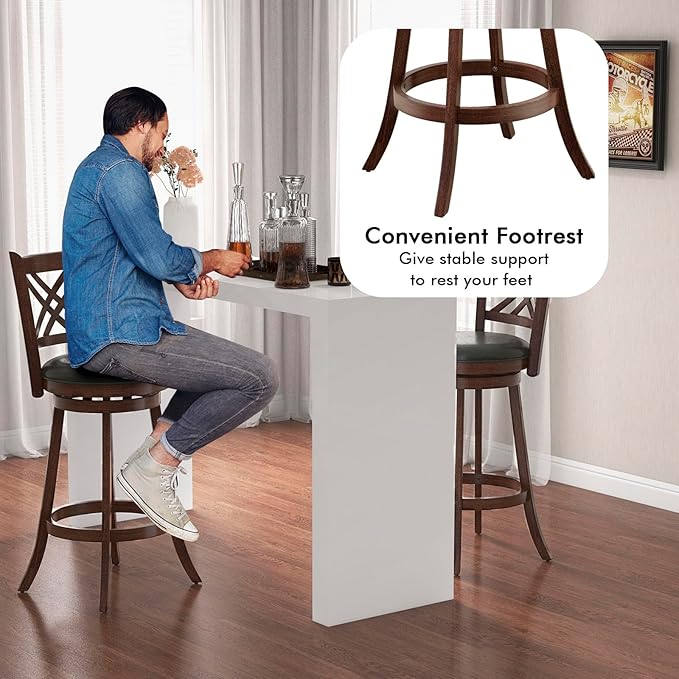 COSTWAY Bar Stool Set of 4 for Kitchen Island, Swivel Upholstered Bar Height Barstools with PU Surface, Rubber Wood Frame, 360° Rotatable Seat, Curved Back, Sturdy Footrest (4, 29" Seat Height)