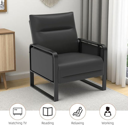 Upholstered Accent Sofas Set of 2, Modern Faux Leather Sofa Chairs with Foldable Side Tray Table & Storage Pocket, Small Accent Sofas for Living Room, Bedroom, Black