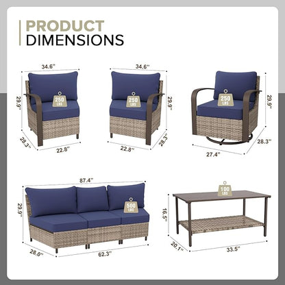 COOS BAY Aurora Terrace Half-Moon Outdoor Furniture Set, Rattan Conversation Set with Swivel Rockers, Curved 5-Seat Sofa, Coffee Table, Seats 7, Beige/Blue