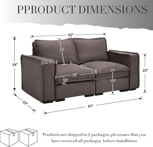 Modern Sectional Sofa for Living Room, Upholstered 2-Seater Modular Couches Linen Fabric Love Seat for Home Furniture, Grey