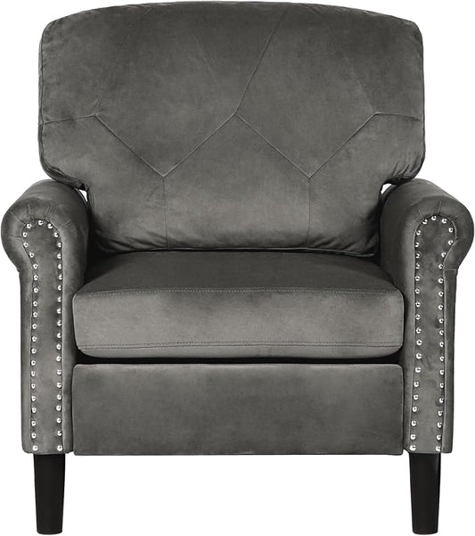 Accent Chair for Living Room, Mid-Century Modern Upholstered Armchair, Comfy Velvet Chair w/Wood Legs & Nailhead Trim, Wingback Chair for Bedroom, Grey